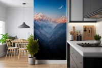 Entryway accent wall with mountain mural in dusk tones