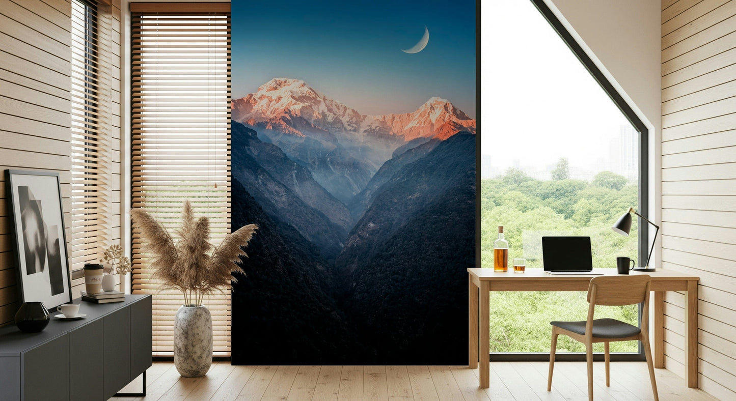 Bedroom feature wall mural with peaks and dusk color wash
