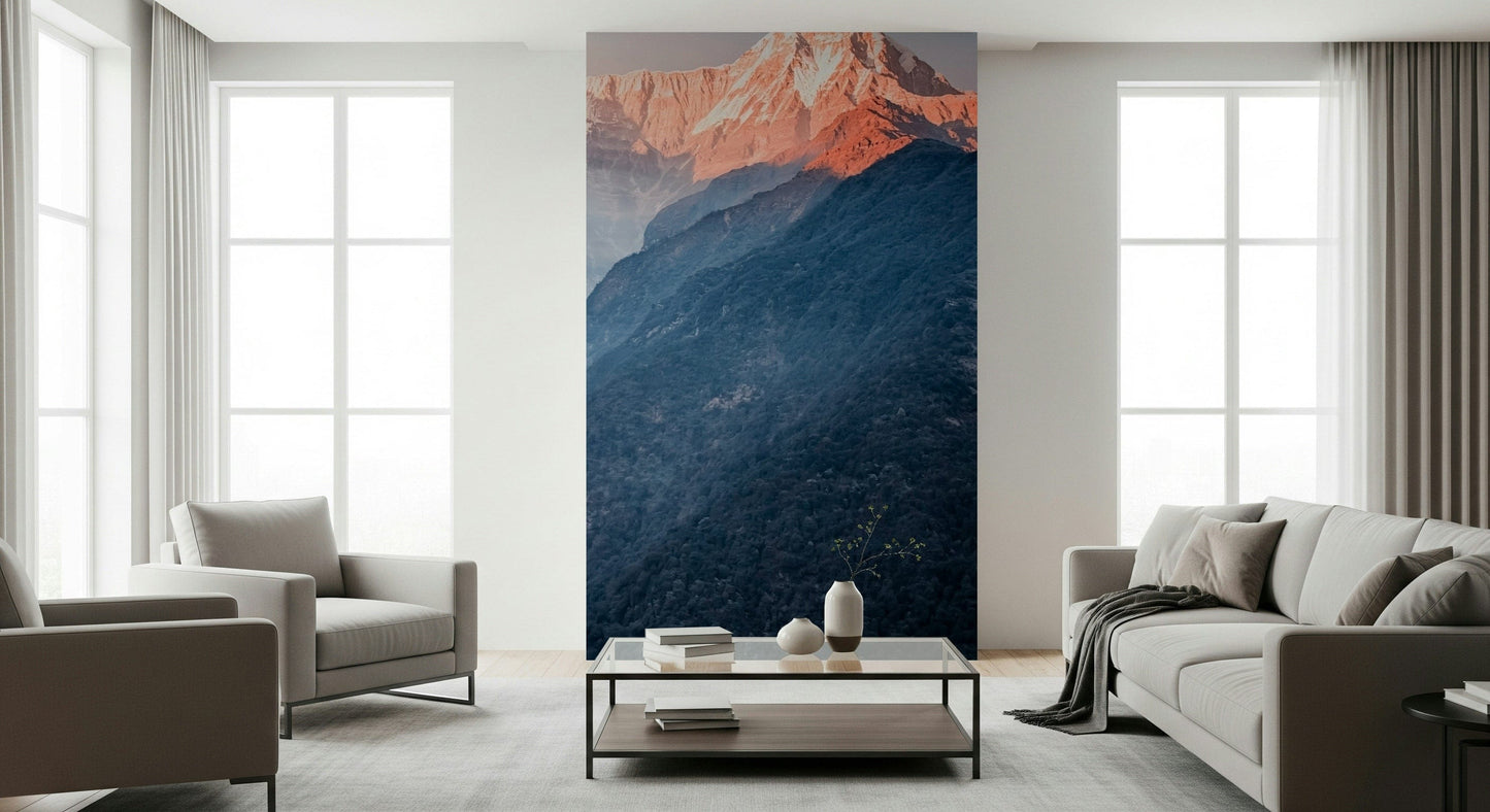 Living room TV wall with dusk mountain mural, modern calm
