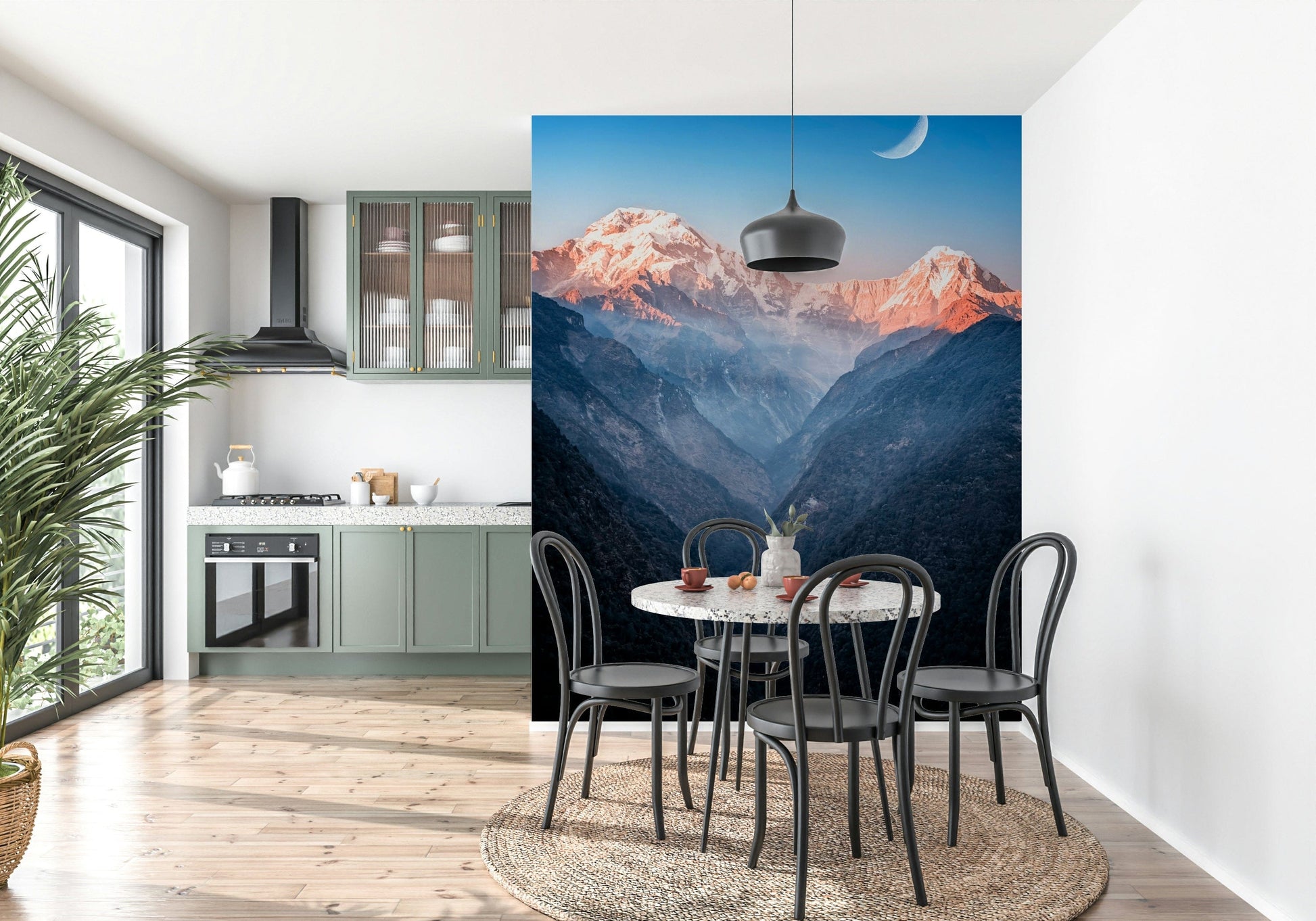Landscape wall mural for nursery, muted color mountain view