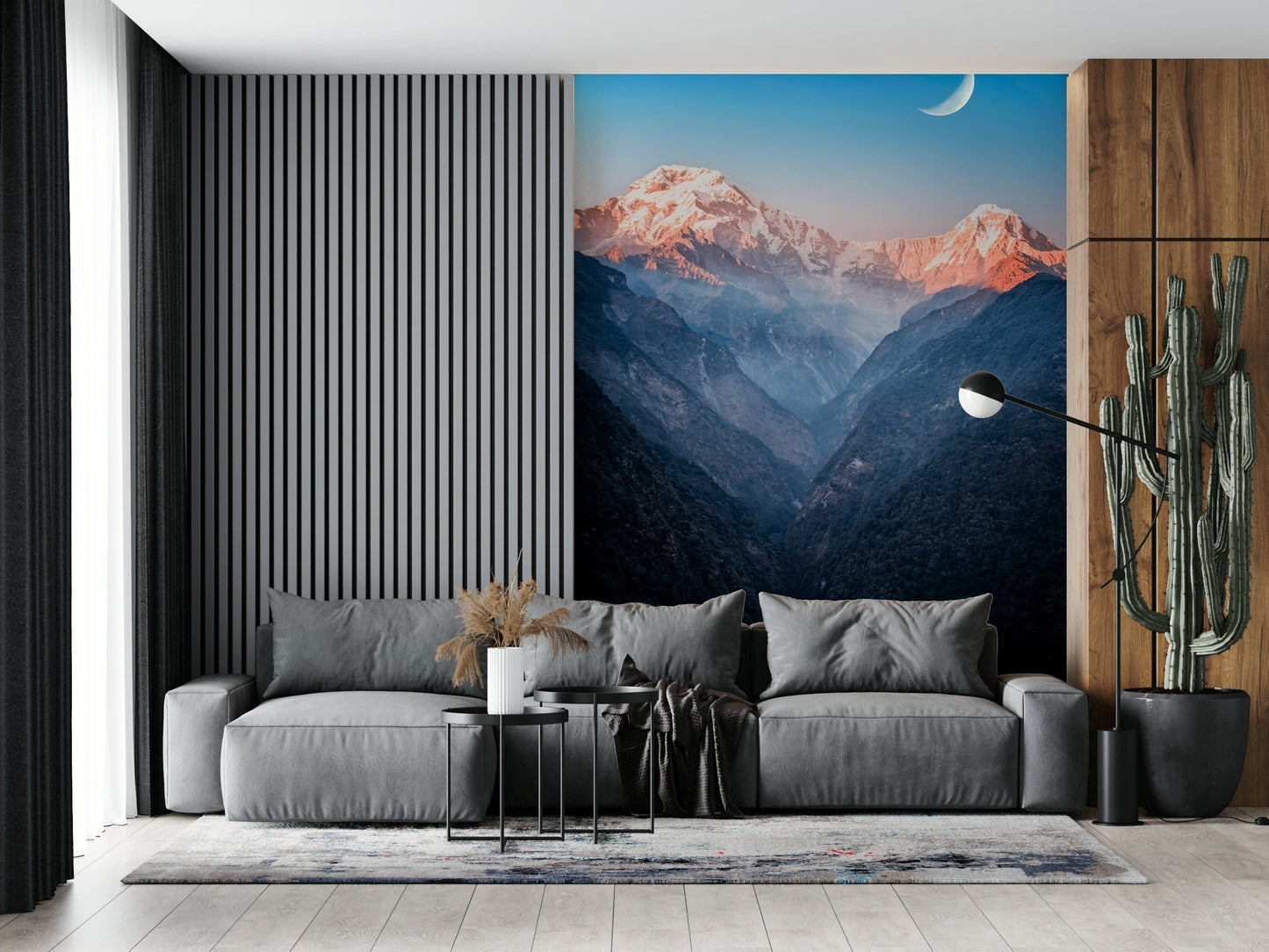 Modern mountain mural for apartment living room, dusk