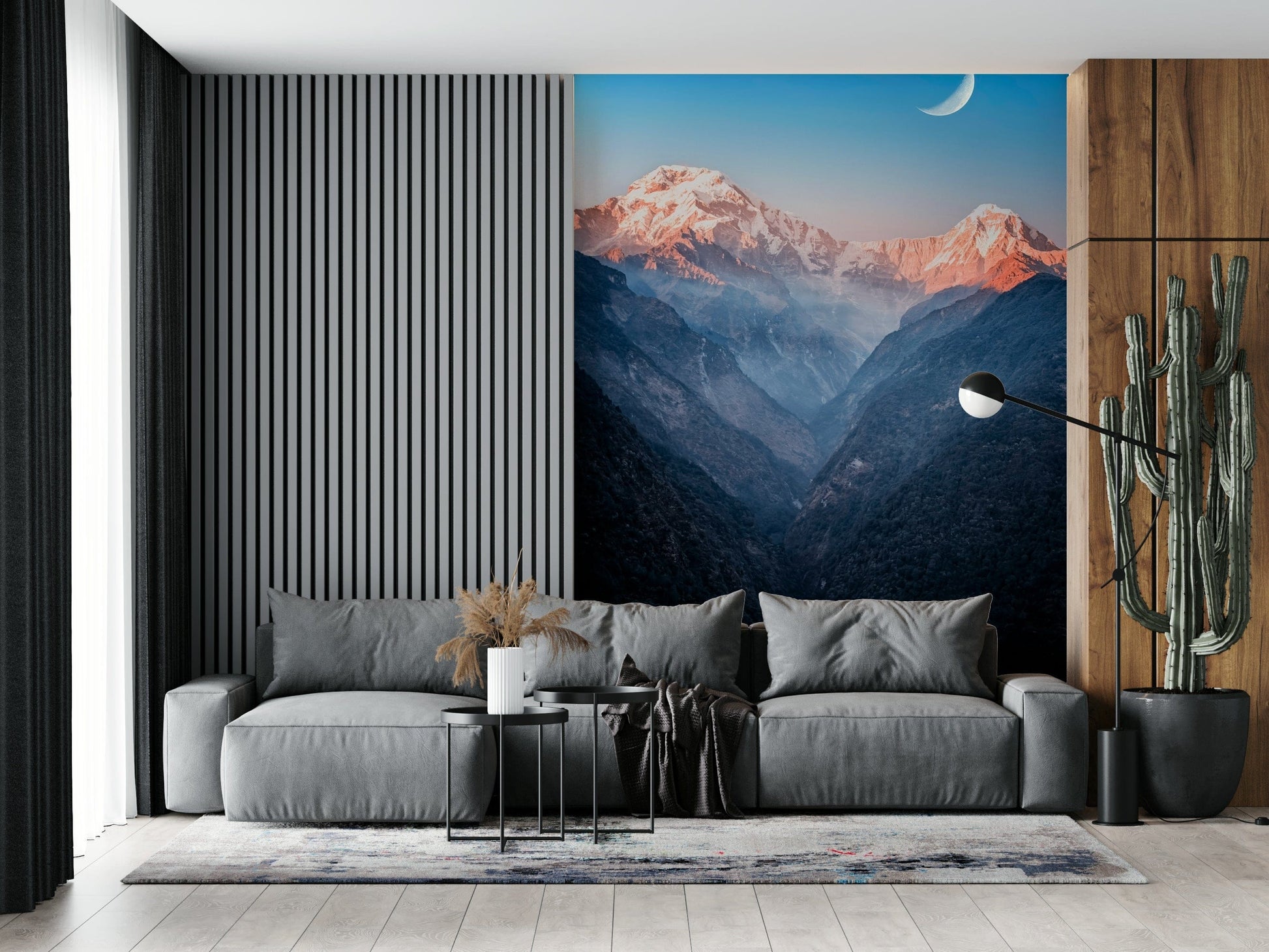 Modern mountain mural for apartment living room, dusk