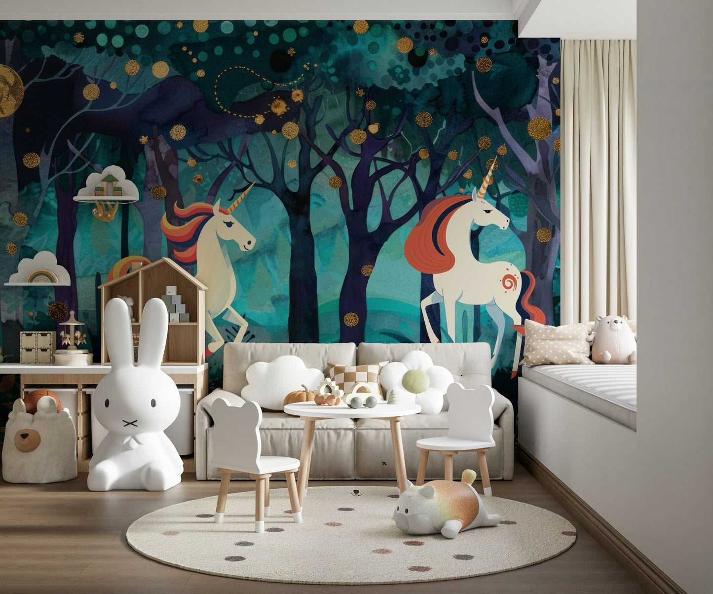 Unicorn and wildflower mural for a sophisticated girl's room.