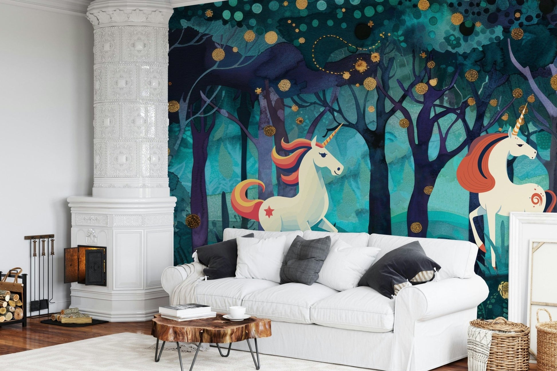 Whimsical forest scene mural in a bright, airy loft flat.