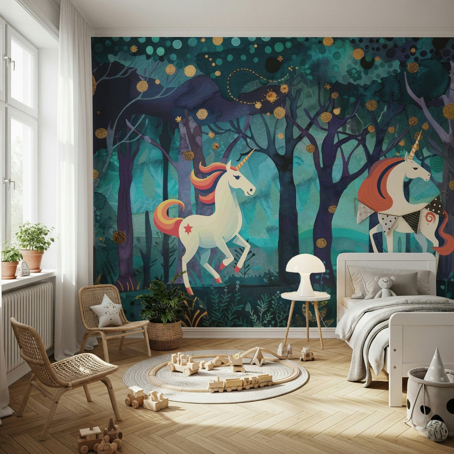 Mystic Unicorns Wall Mural in a cozy flat’s children’s bedroom.