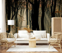 Gloomy wood scene, nature mural, evocative light, brilliant Mystic Woods.