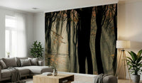 Vertical tree trunks, misty wall mural, beautiful Mystic Woods design.