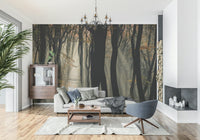 Enchanting foggy wood mural, stunning nature art, amazing Mystic Woods.