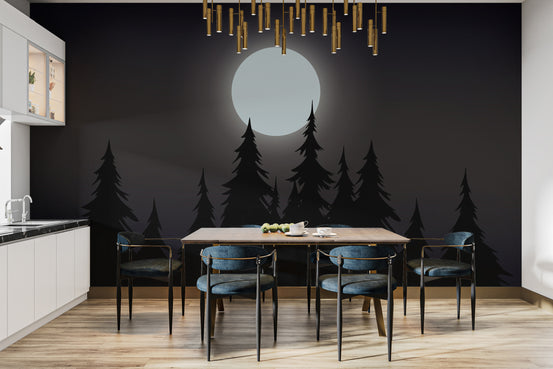 Mystical Moonlit Forest wallpaper with glowing moon over black pines behind a dining table and blue chairs