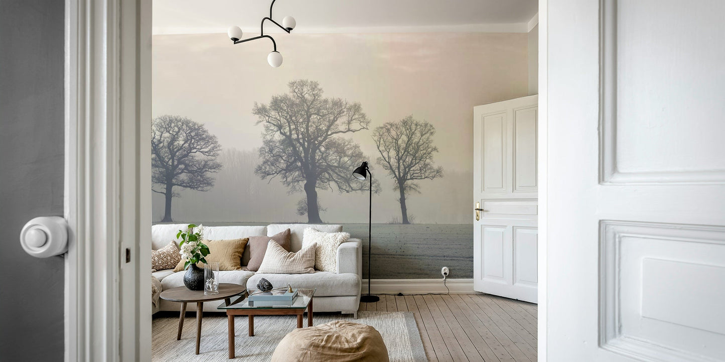 Leafless trees in fog wall mural for serene spaces

