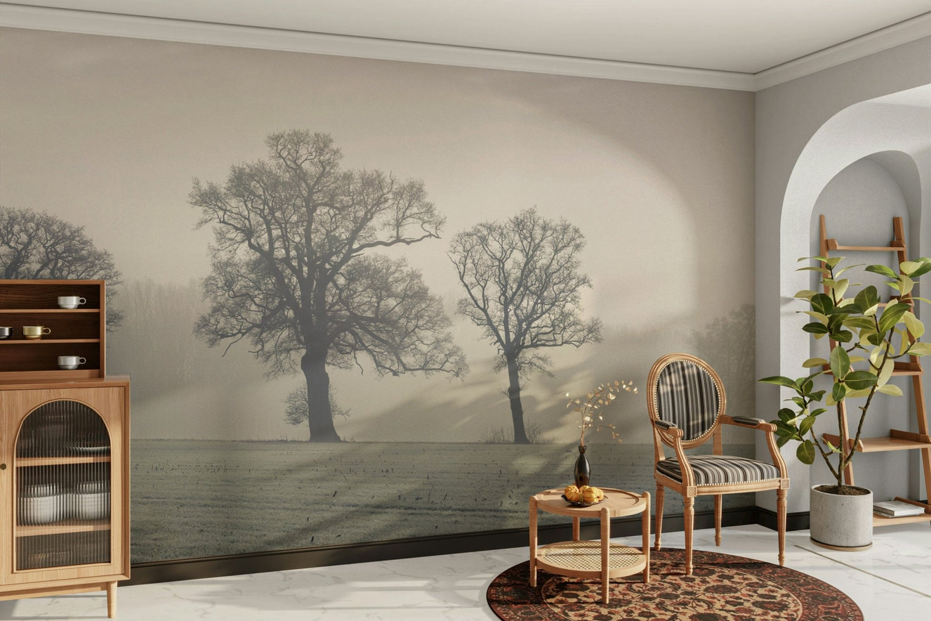 Misty forest mural with bare winter trees

