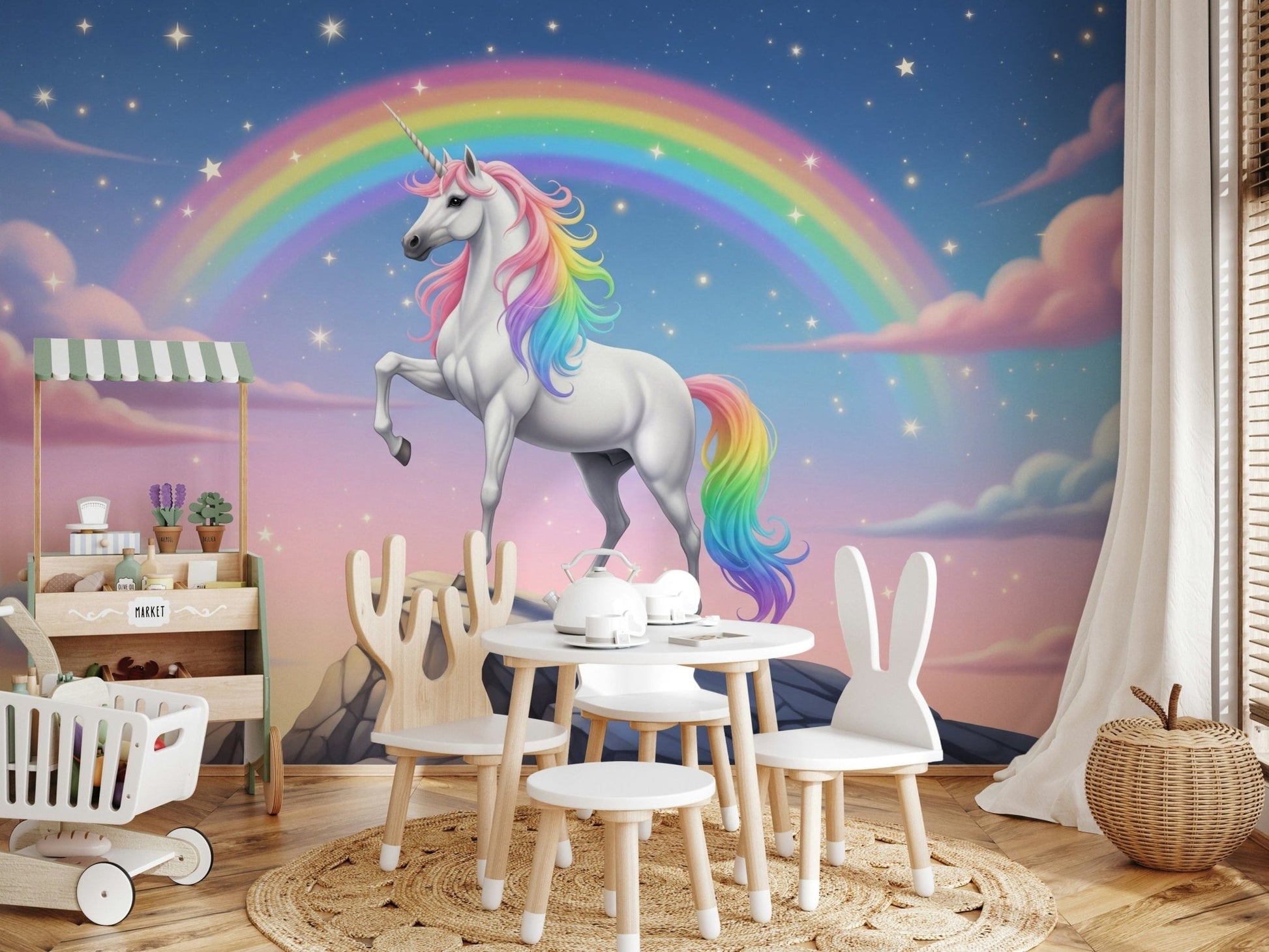 Foggy mountain wall mural in entryway, timber console and simple décor