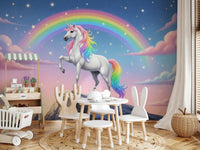 Foggy mountain wall mural in entryway, timber console and simple décor