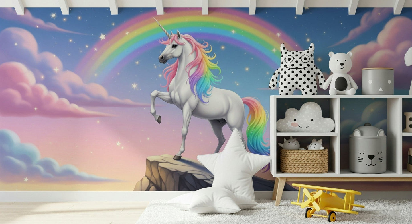 Mythical Heights Wall Mural in living space, fantasy mountain scene feature wall styling