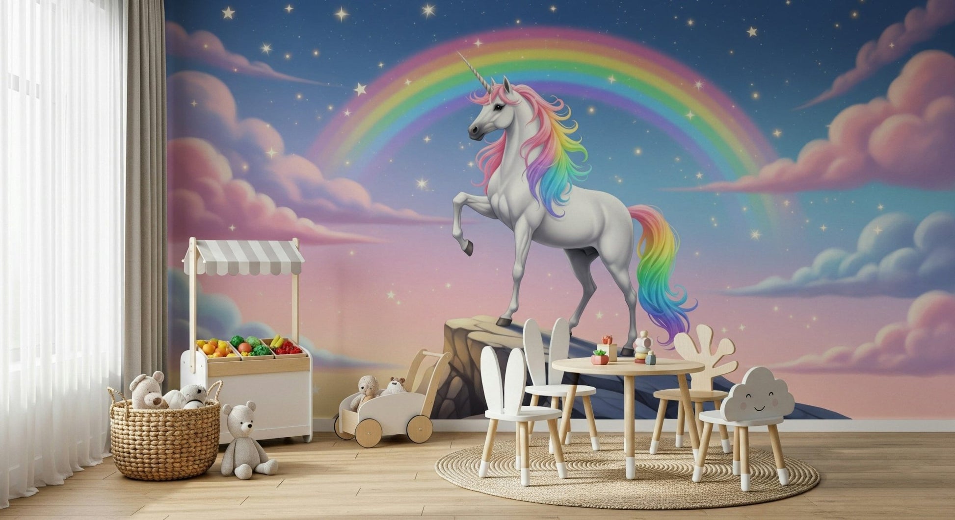 Scenic fantasy mural in home office, detailed landscape backdrop for work zone