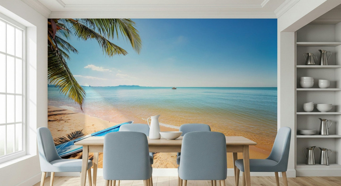 Na Jomtien wallpaper mural of a calm beach and blue sea behind a wood dining table and light blue chairs