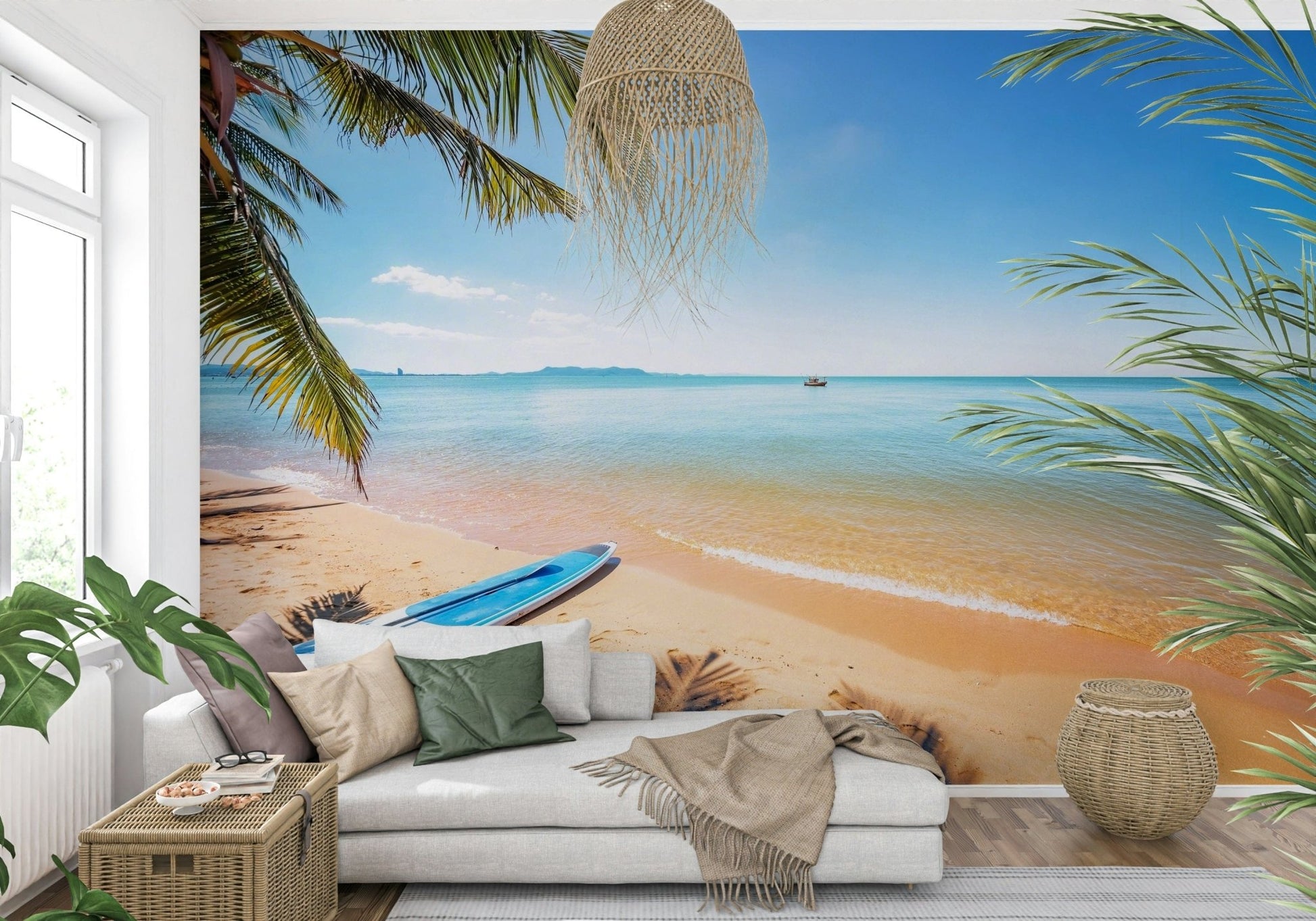 Na Jomtien wallpaper mural of a palm-shaded beach behind a white chaise sofa and woven baskets in a living room