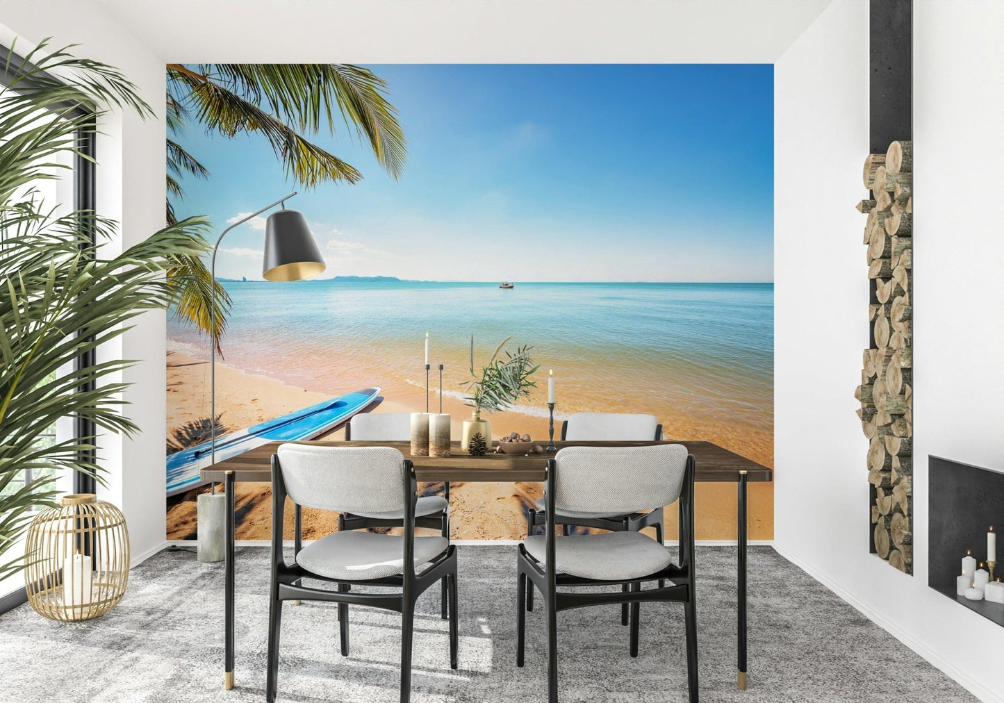 Na Jomtien wallpaper mural of a calm tropical beach and palms behind a wood dining table and black chairs in a dining room