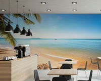 Na Jomtien wallpaper mural of a sunny beach and turquoise sea behind an espresso counter in a bright cafe