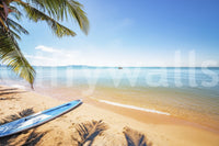 Na Jomtien wallpaper mural close-up of a blue paddleboard on golden sand under palm fronds beside a calm sea