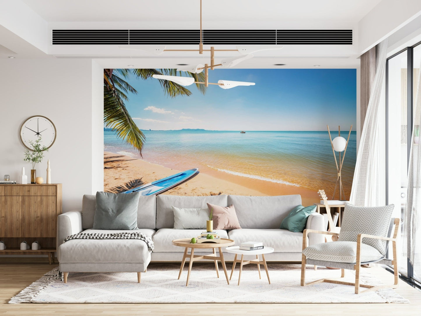 Na Jomtien wallpaper mural of a tropical beach behind a grey sofa and wood sideboard in a living room