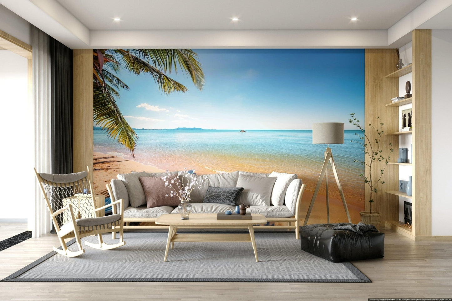 Na Jomtien wallpaper mural of a tropical beach behind a white sofa and wood rocking chair in a living room