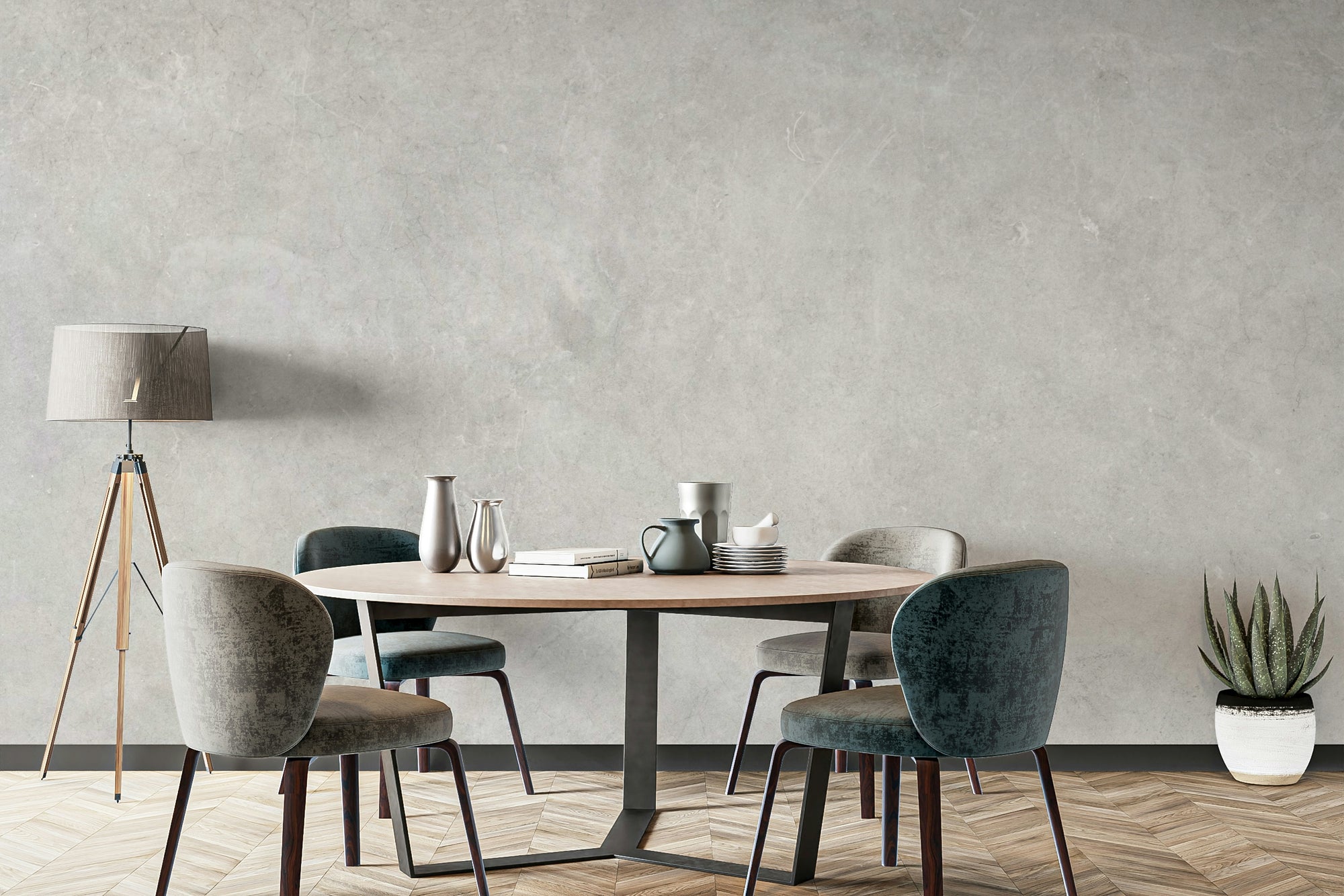 Natural Subtle Concrete wallpaper mural in a dining room with a round wood table, velvet chairs and tripod lamp