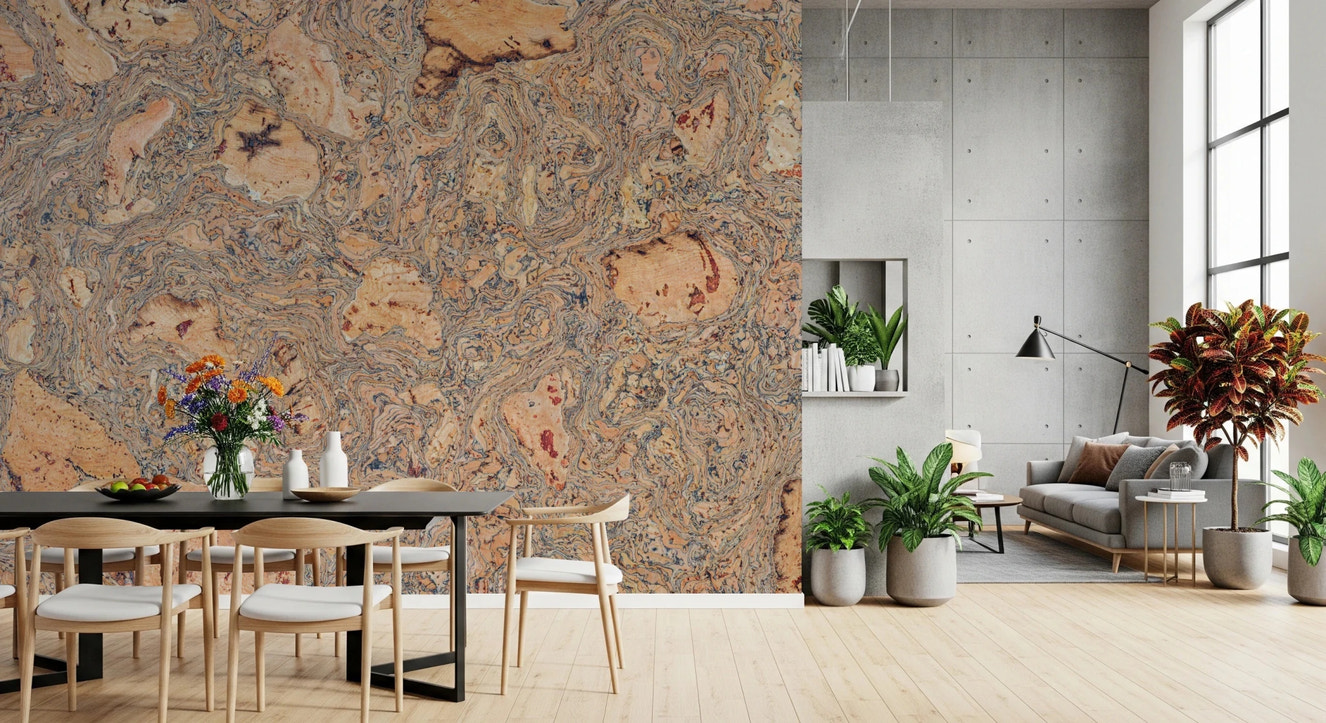 Textured Natural Cork Background Wall Mural for dining area with organic swirling grains