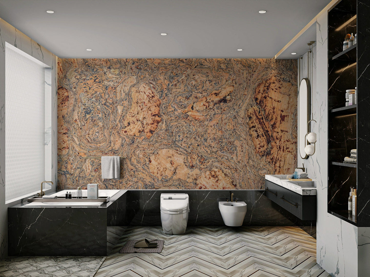 The peel and stick wallpaper showing realistic bark textures.