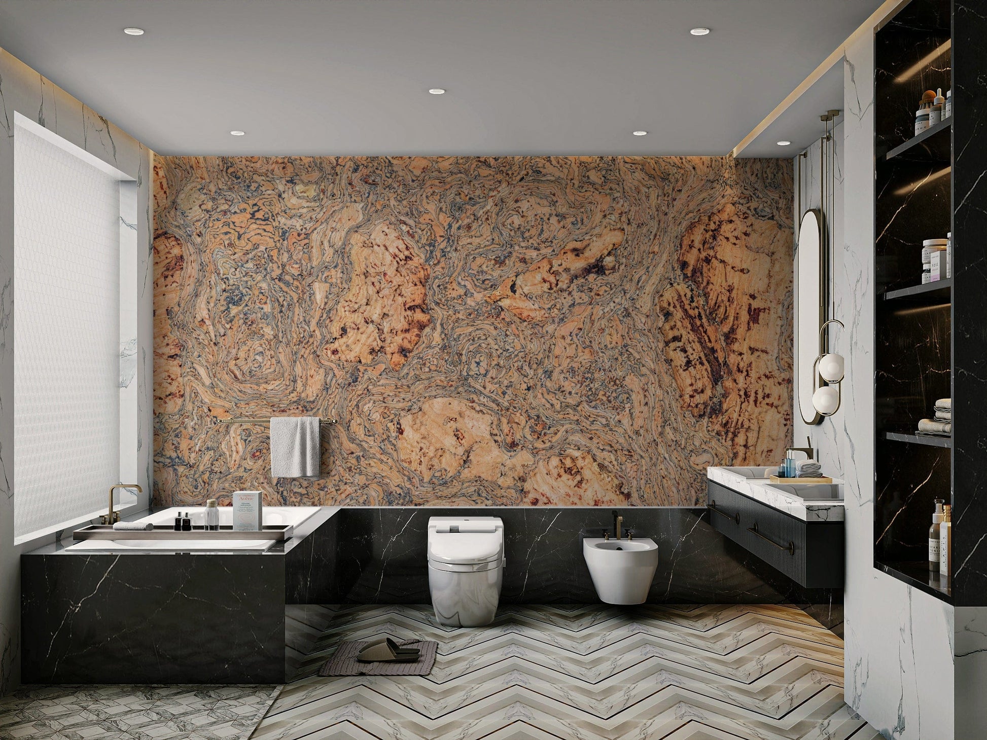 The peel and stick wallpaper showing realistic bark textures.