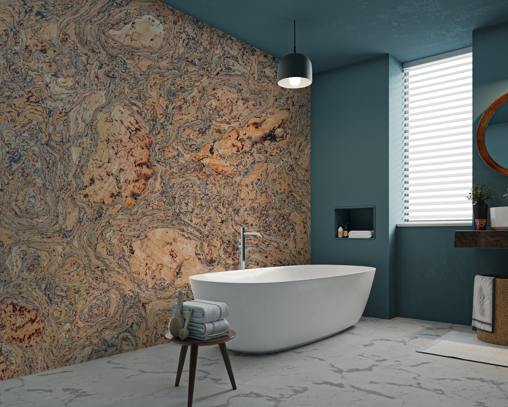 The wallpaper is used as a feature wall in a bedroom.