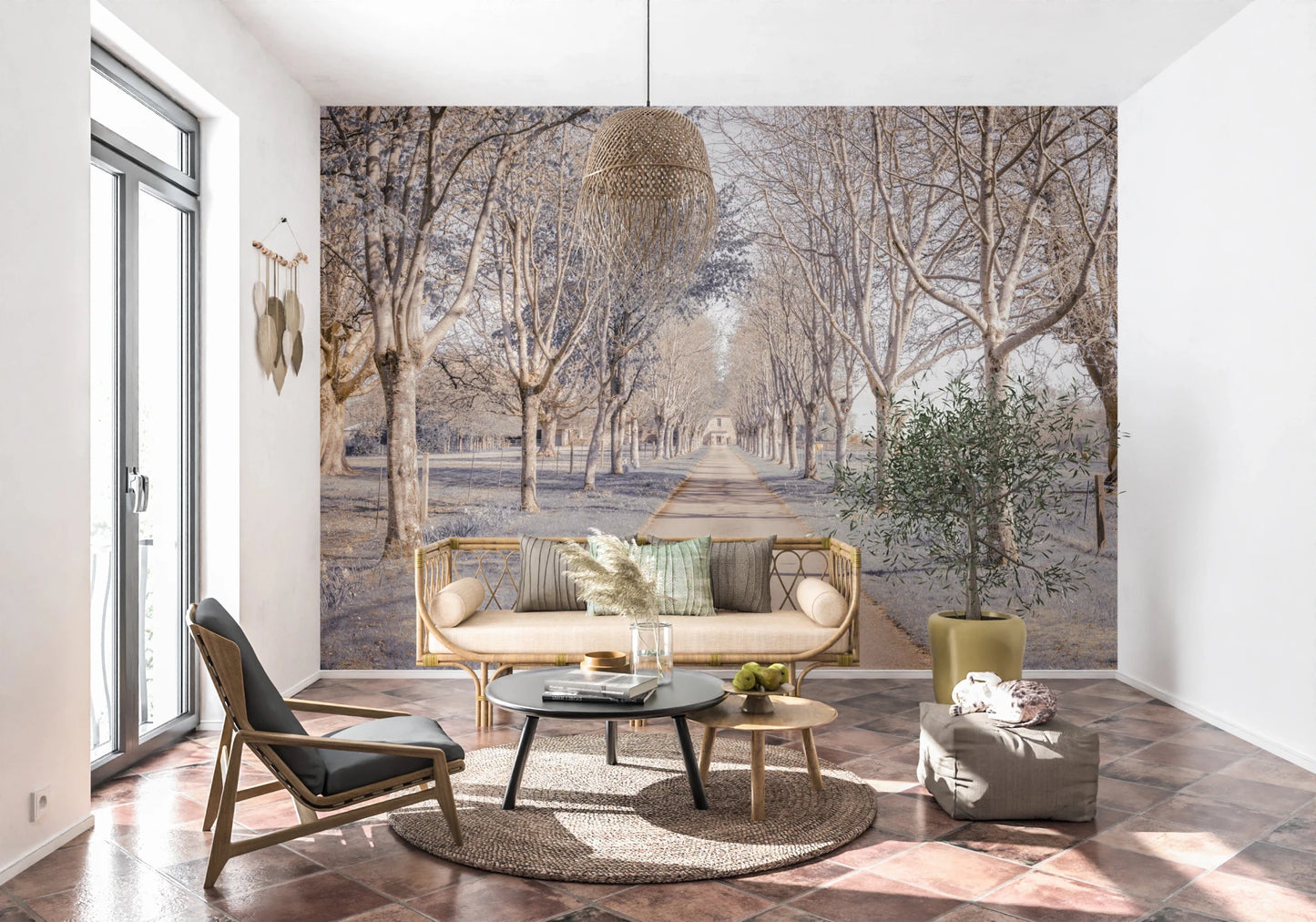 Gray and beige tree lane as seen in this Nature's Corridor Wall Mural.