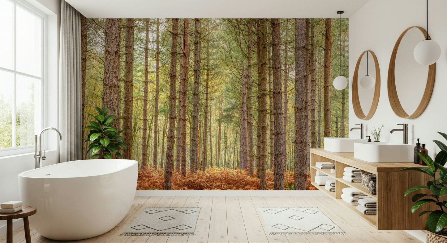 Bedroom accent wall with forest mural, soft green color and warm bedside lighting