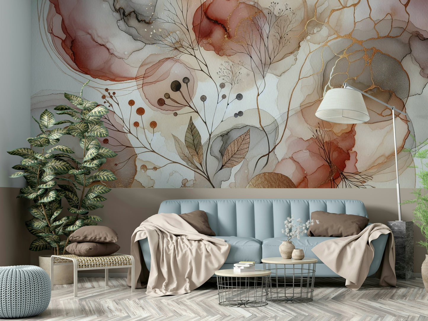 Detailed leaf pattern wallpaper for a feature wall in a sunlit office.