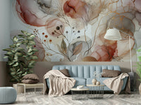 Detailed leaf pattern wallpaper for a feature wall in a sunlit office.