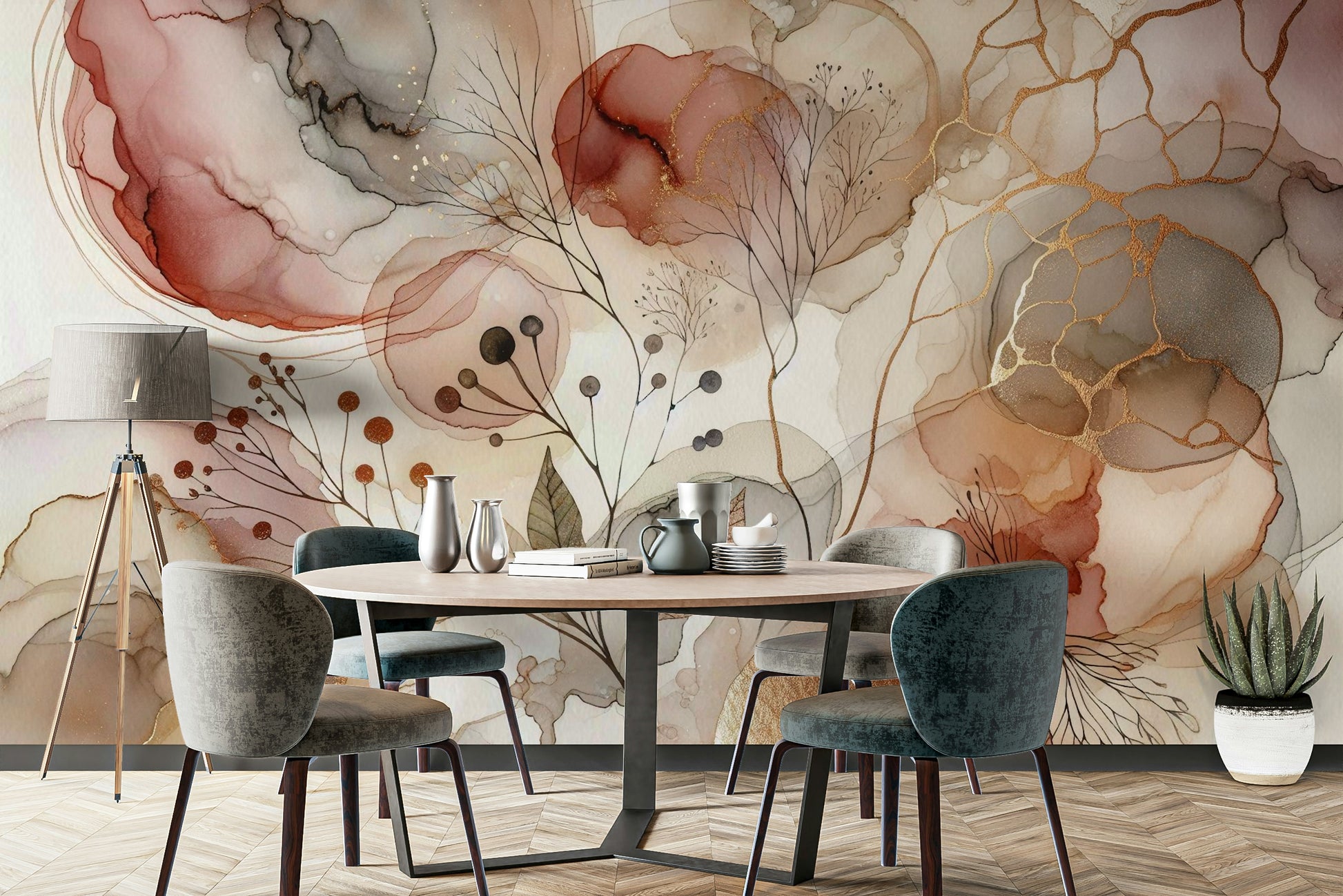 Close-up of the soft green and natural colour tones in a mural.