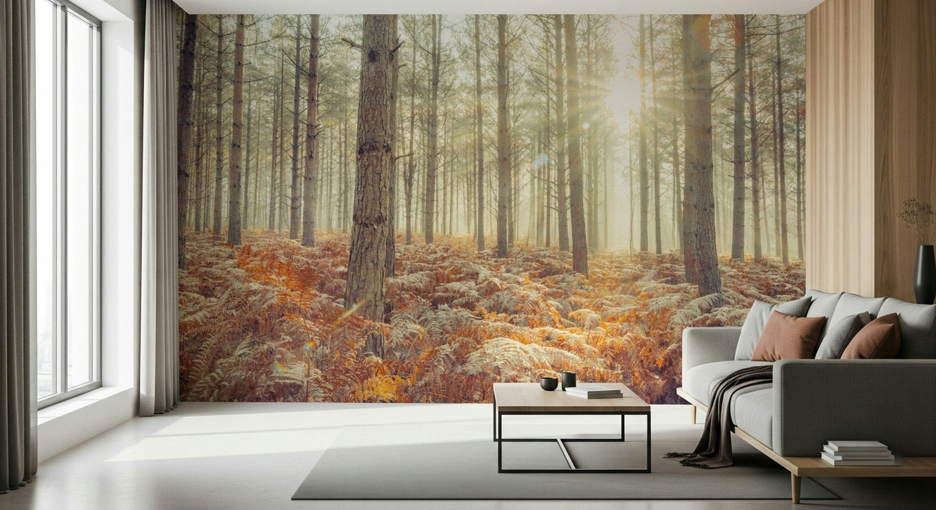 Nature's Spotlight Wall Mural in a bright apartment living room with cream furniture.
