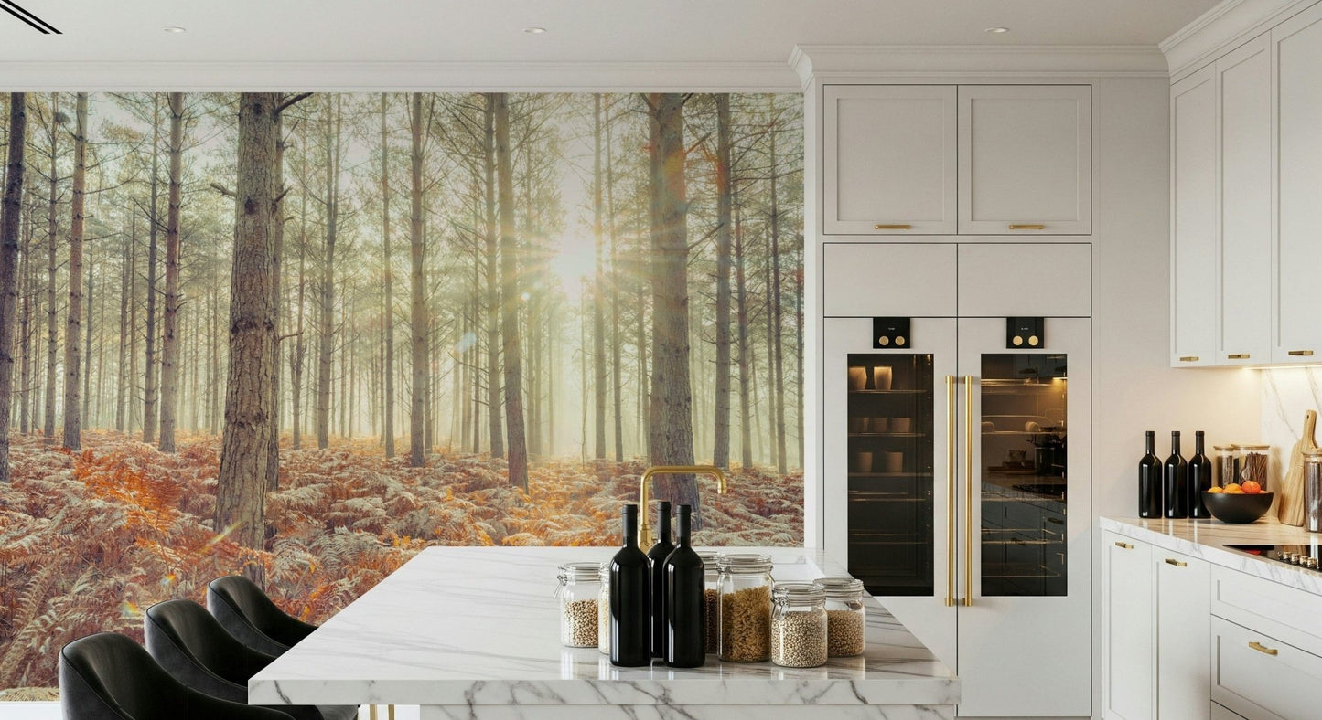 Close up of golden ferns and pine bark on a high resolution wall mural.