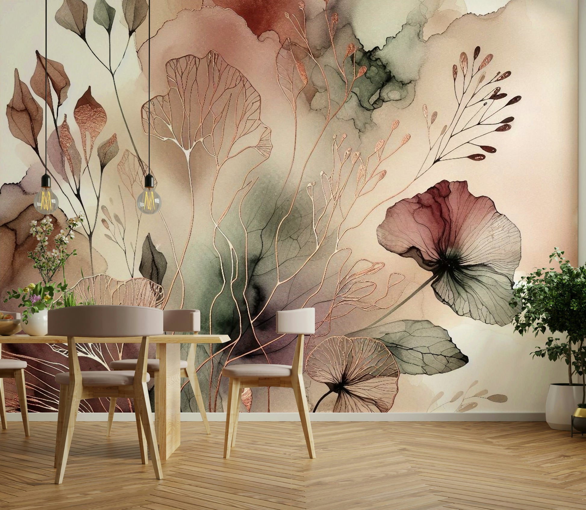 Subtle landscape wall mural for a modern bathroom or home spa.