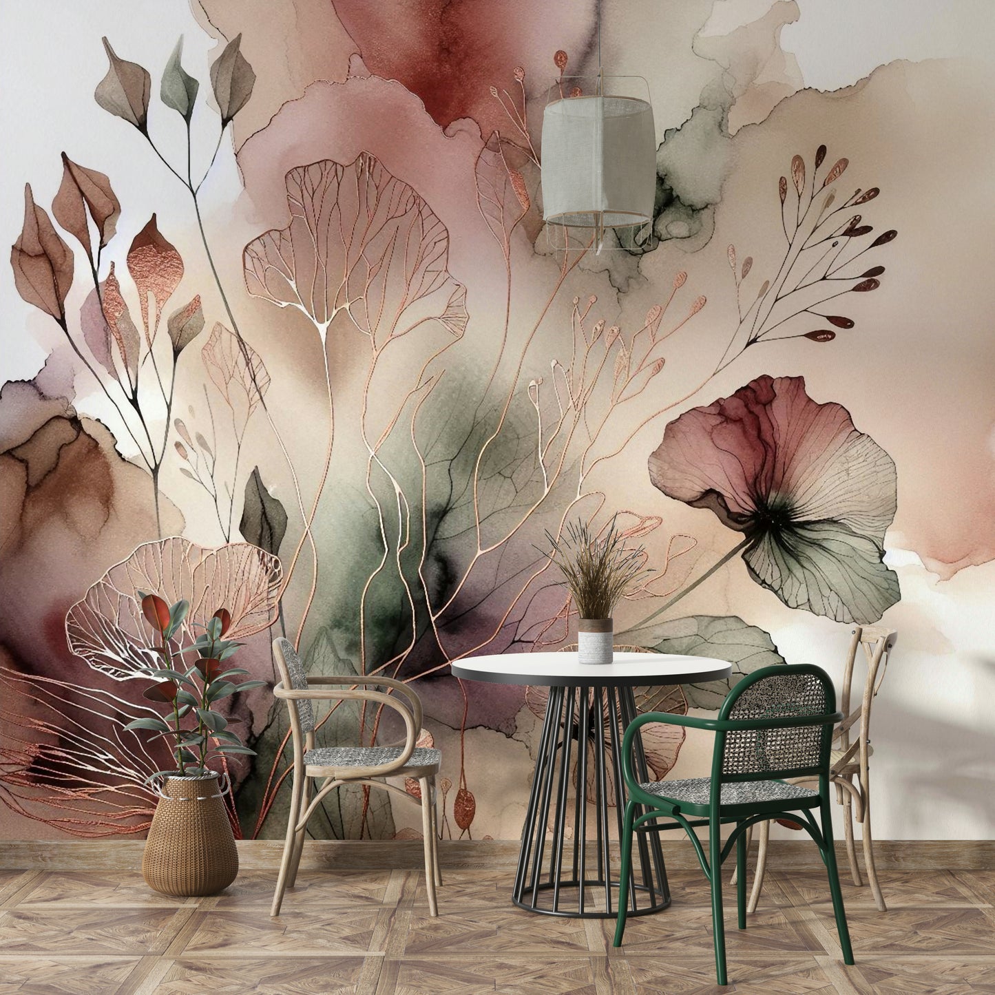 Modern office space featuring a calming nature-themed feature wall.