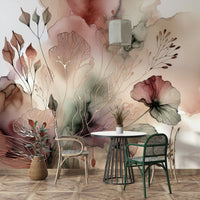 Modern office space featuring a calming nature-themed feature wall.