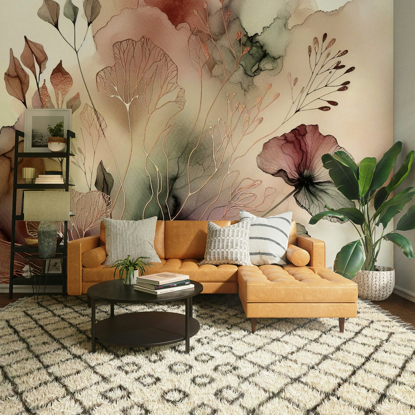 Minimalist leaf patterns in a bright apartment dining area wallpaper.