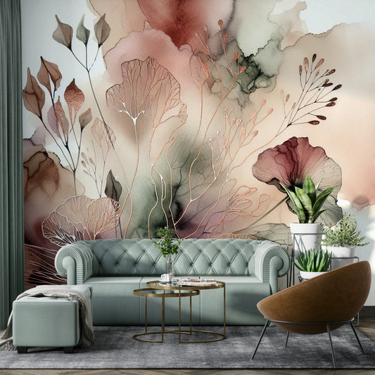 Soft botanical wallpaper for a peaceful master bedroom accent wall.