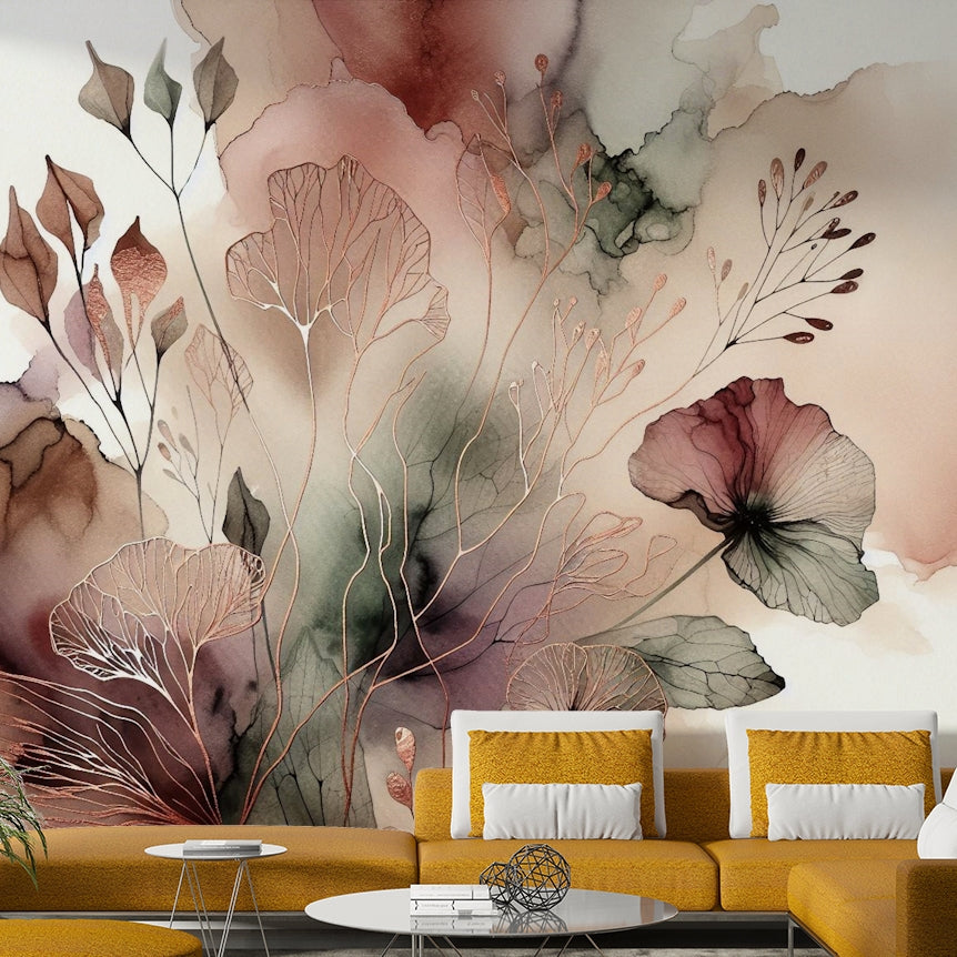 Close-up of the delicate sage and earth tone color palette on a mural.