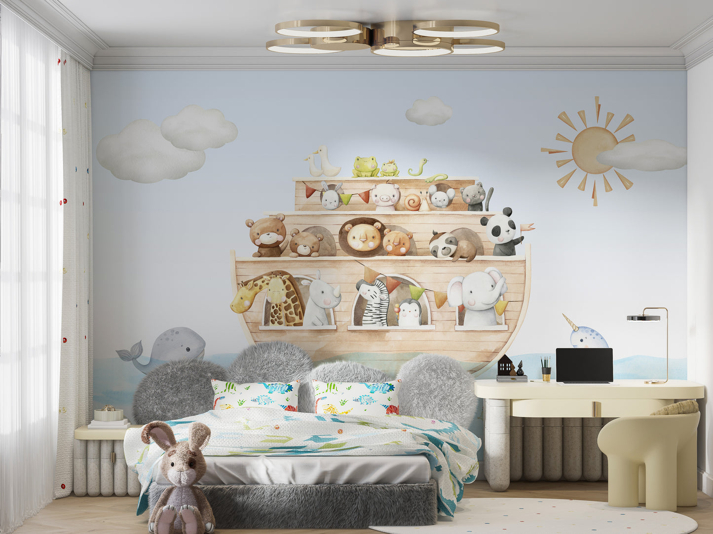 Nautical Adventure Animal Kids wallpaper behind a grey fluffy headboard bed with a plush bunny in a soft nursery