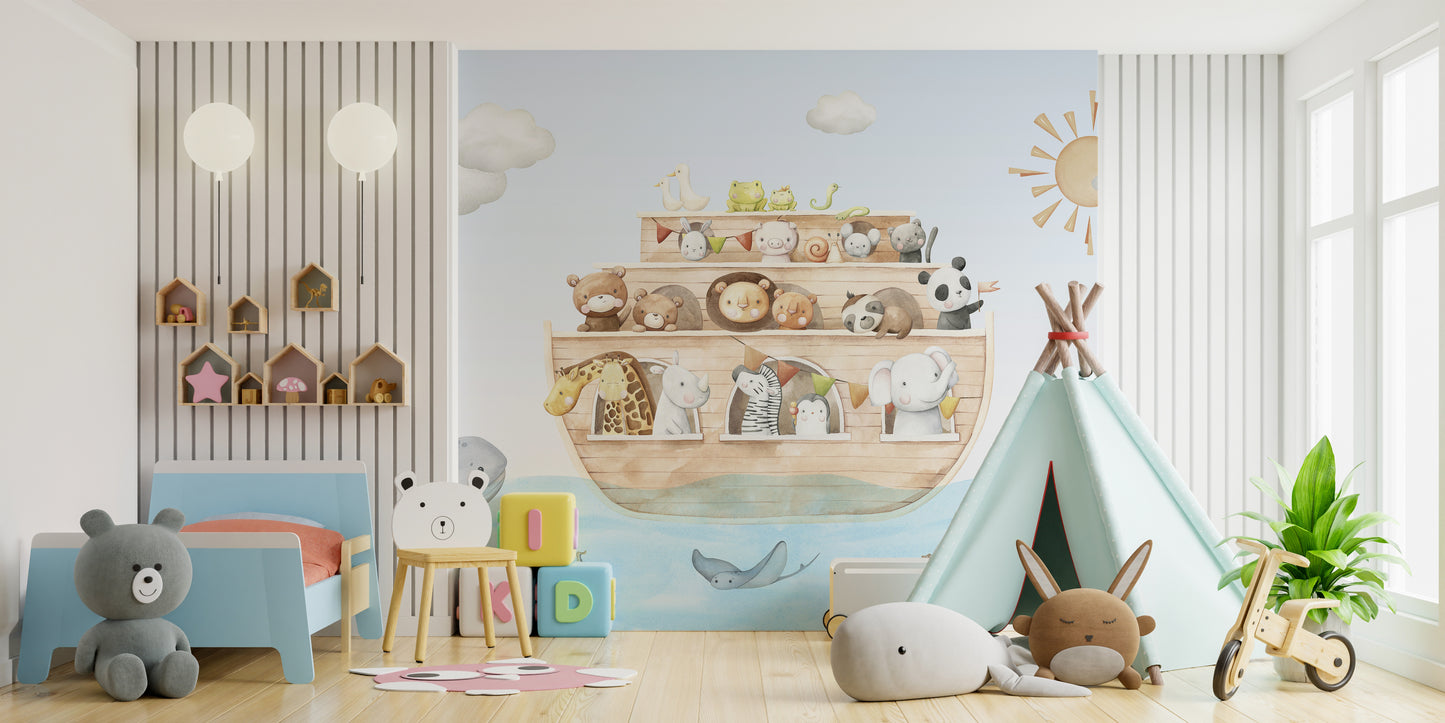 Nautical Adventure Animal Kids wallpaper showing the animal ark beside a mint teepee, teddy bears and a blue toddler bed