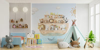 Nautical Adventure Animal Kids wallpaper showing the animal ark beside a mint teepee, teddy bears and a blue toddler bed