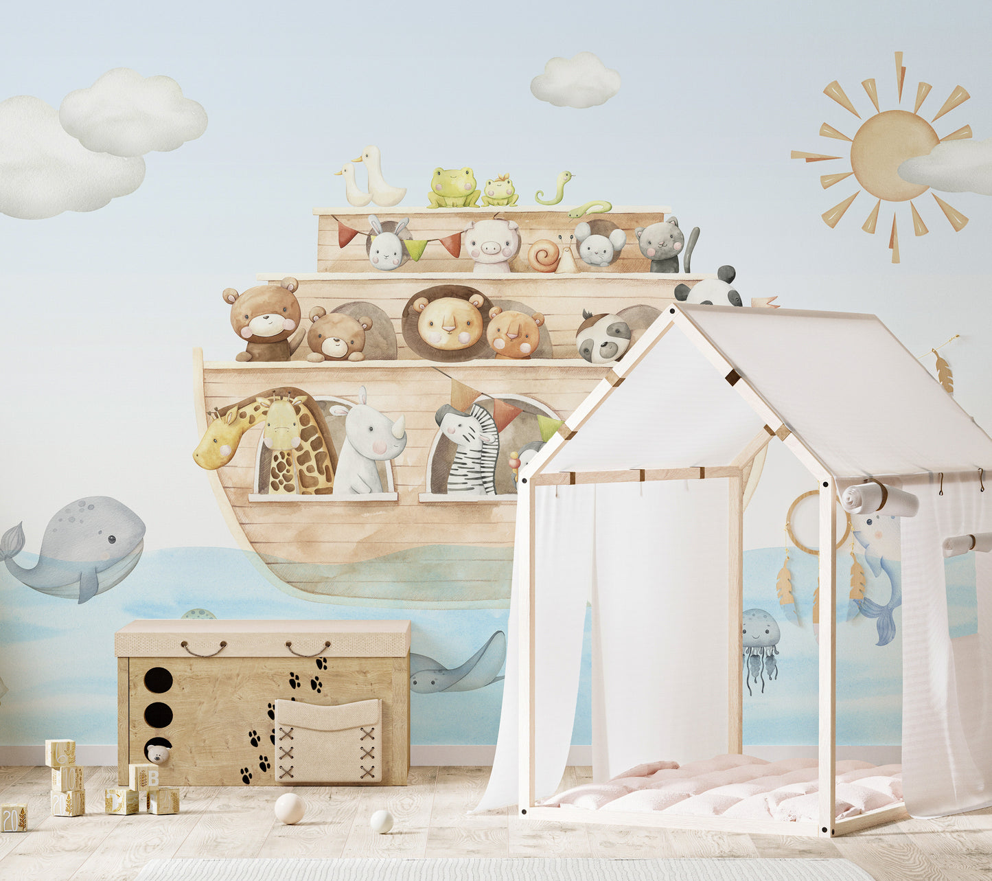 Nautical Adventure Animal Kids wallpaper with a watercolor Noahs ark above a white house-frame play tent and toy chest