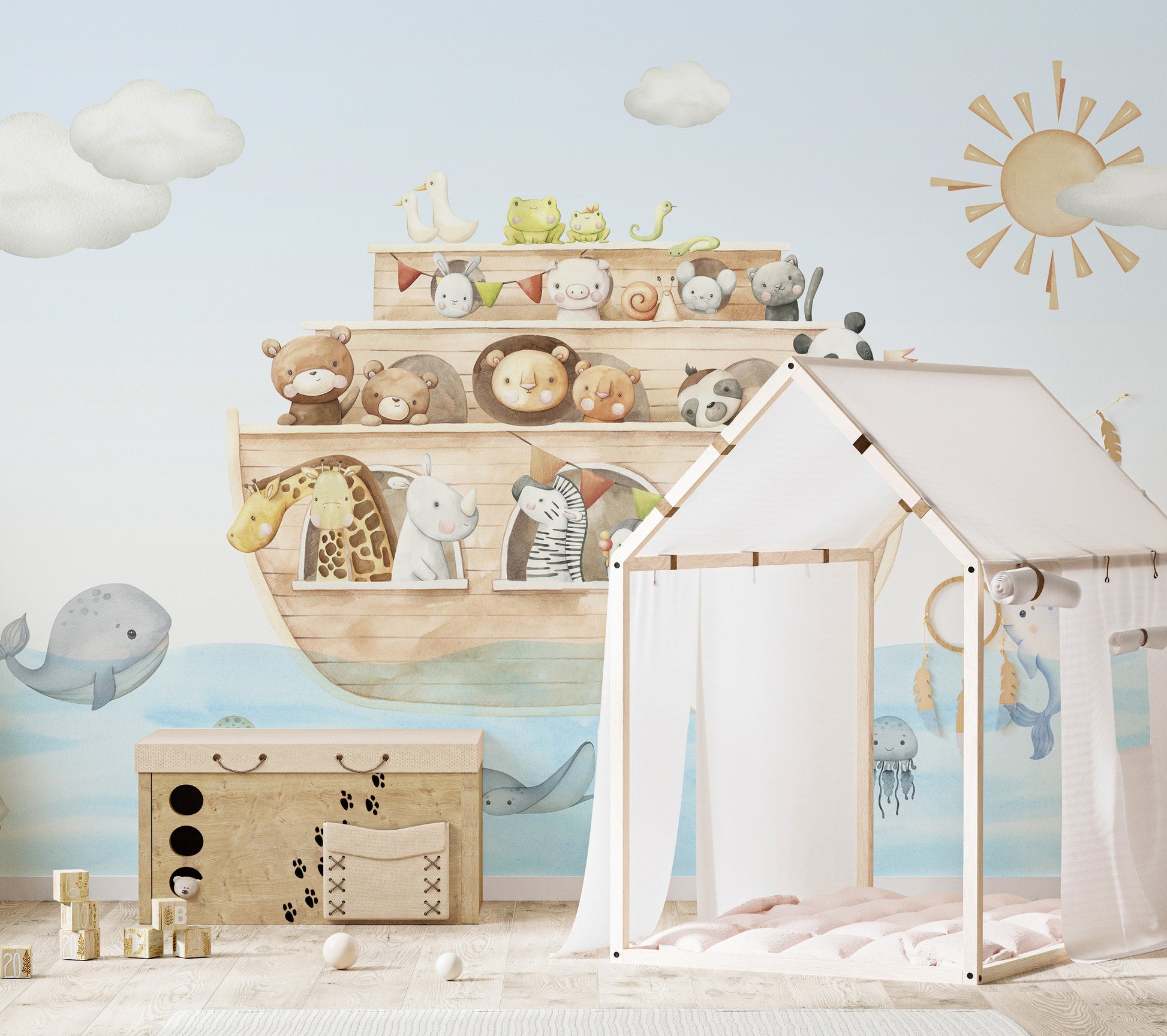 Nautical Adventure Animal Kids wallpaper with a watercolor Noahs ark above a white house-frame play tent and toy chest
