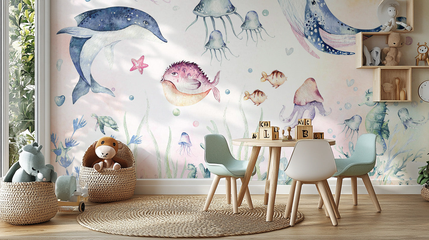 Nautical Creatures wall mural behind a round play table with teal kids chairs and wood blocks on a jute rug